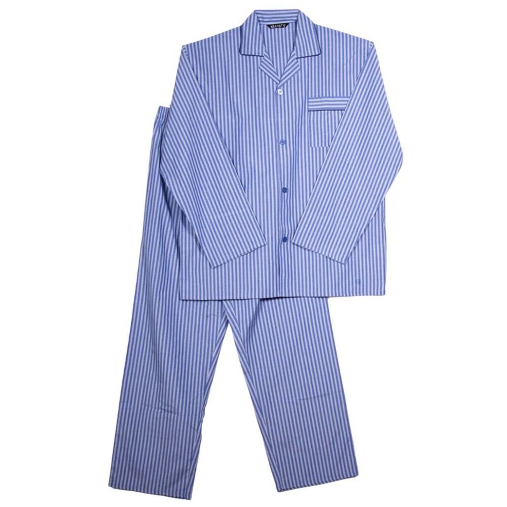 Keanu Mens Striped Woven Chest Pocket Straight Leg Long Pyjama Set / Blue